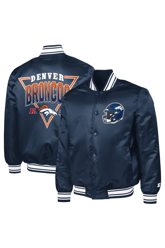 Men's Starter Navy Denver Broncos Printed Triangle Graphic Satin Full-Snap Varsity Jacket