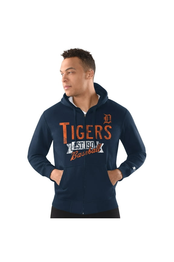 Men's-Starter  Navy Detroit Tigers Distressed Full-Zip Hooded Jacket