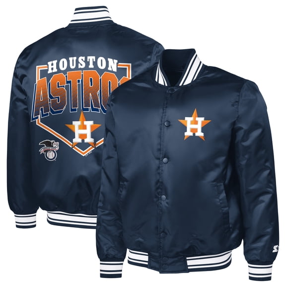 Men's Starter Navy Houston Astros Home Plate Printed Graphic Satin Full-Snap Varsity Jacket