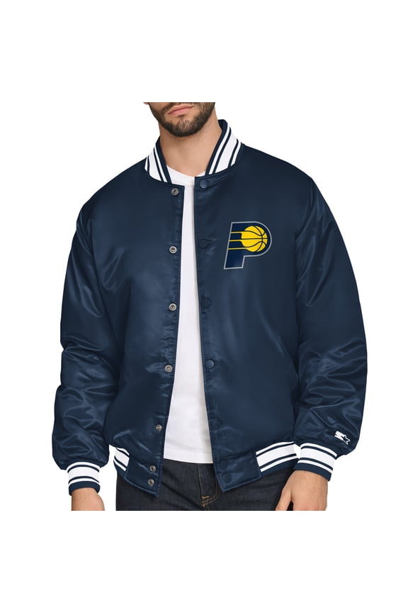 Men's Starter Navy Indiana Pacers Printed Team Logo Satin Varsity Full-Snap Jacket