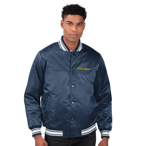 Men's Starter Navy Michigan Wolverines Two-Hit Satin Varsity Full-Snap Jacket