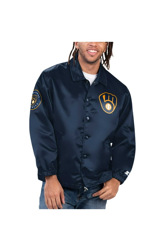 Men's Starter Navy Milwaukee Brewers Option Route Satin Full-Snap Jacket