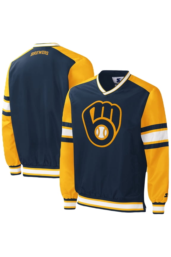 Men's Starter Navy Milwaukee Brewers Yardline V-Neck Pullover Windbreaker