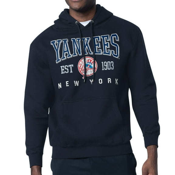 Men's-Starter  Navy New York Yankees Distressed Fleece Pullover Hoodie