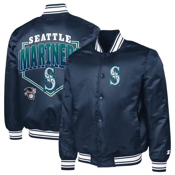 Men's Starter Navy Seattle Mariners Home Plate Printed Graphic Satin Full-Snap Varsity Jacket