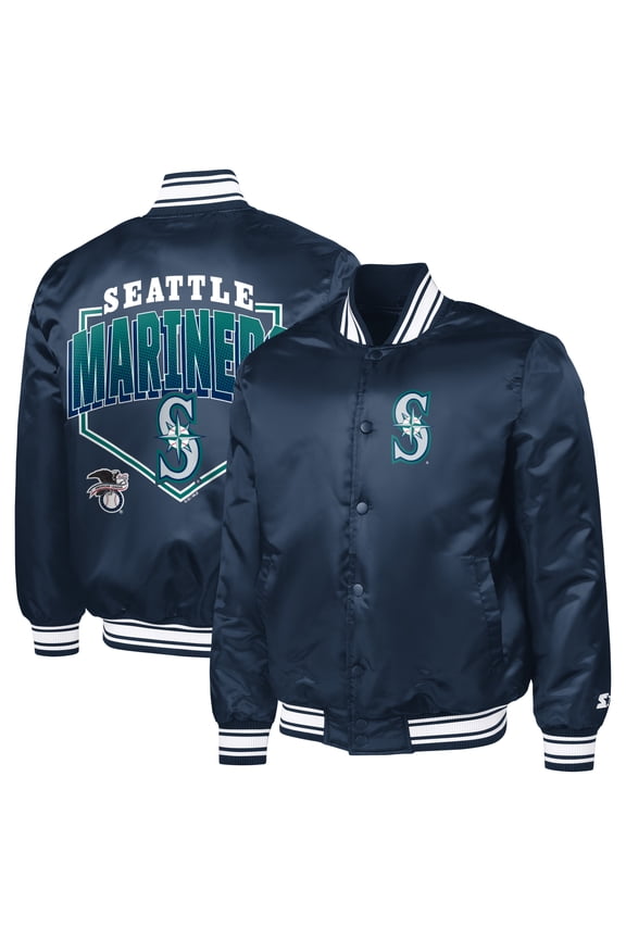 Men's Starter  Navy Seattle Mariners Home Plate Printed Graphic Satin Full-Snap Varsity Jacket