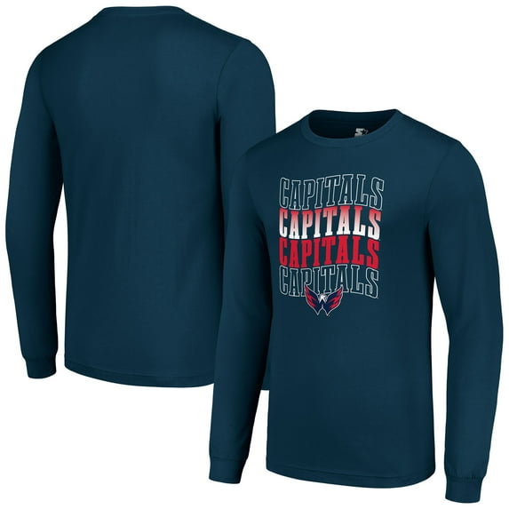 Men's Starter Navy Washington Capitals Four Team Name Logo Long Sleeve Graphic T-Shirt