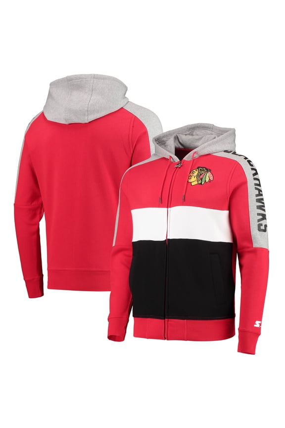 Men's Starter Red/Black Chicago Blackhawks Playoffs Color Block Full-Zip Hoodie