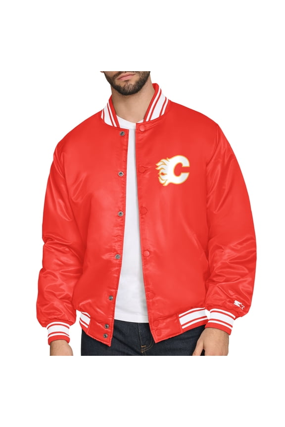 Men's Starter Red Calgary Flames Triangle Satin Varsity Full-Snap Jacket