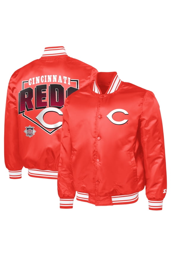 Men's Starter Red Cincinnati Reds Home Plate Printed Graphic Satin Full-Snap Varsity Jacket