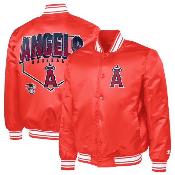 Men's Starter Red Los Angeles Angels Home Plate Printed Graphic Satin Full-Snap Varsity Jacket