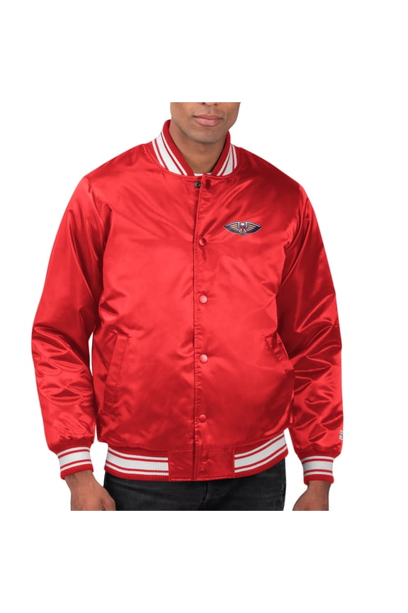 Men's Starter Red New Orleans Pelicans Printed Team Name Satin Varsity Full-Snap Jacket