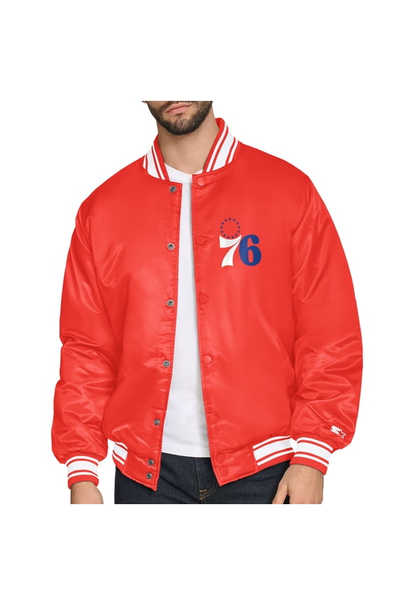 Men's Starter Red Philadelphia 76ers Printed Team Logo Satin Varsity Full-Snap Jacket