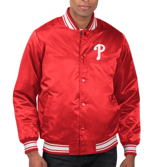 Men's Starter Red Philadelphia Phillies Printed Team Logo Satin Varsity Full-Snap Jacket