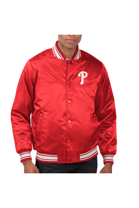 Men's Starter Red Philadelphia Phillies Printed Team Logo Satin Varsity Full-Snap Jacket