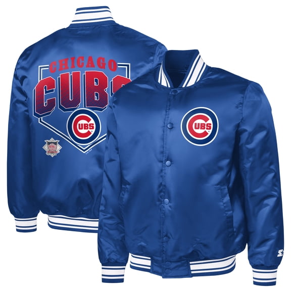 Men's Starter Royal Chicago Cubs Home Plate Printed Graphic Satin Full-Snap Varsity Jacket