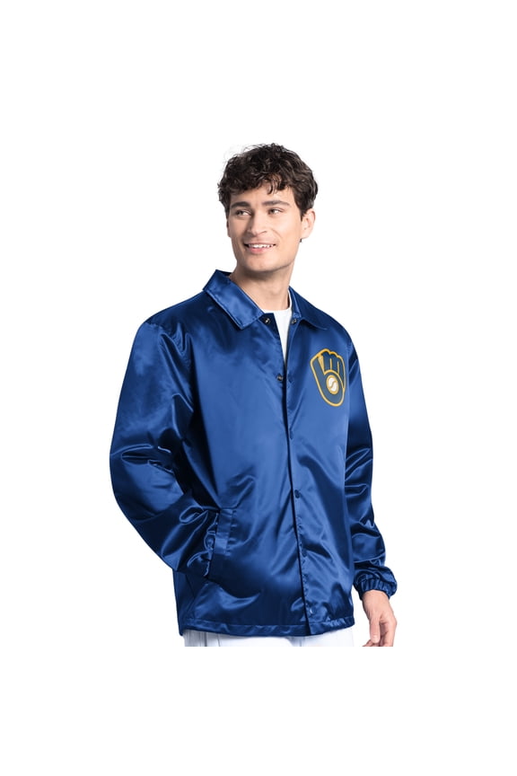 Men's Starter Royal Milwaukee Brewers Cooperstown Collection Point Man Full-Snap Coaches Jacket
