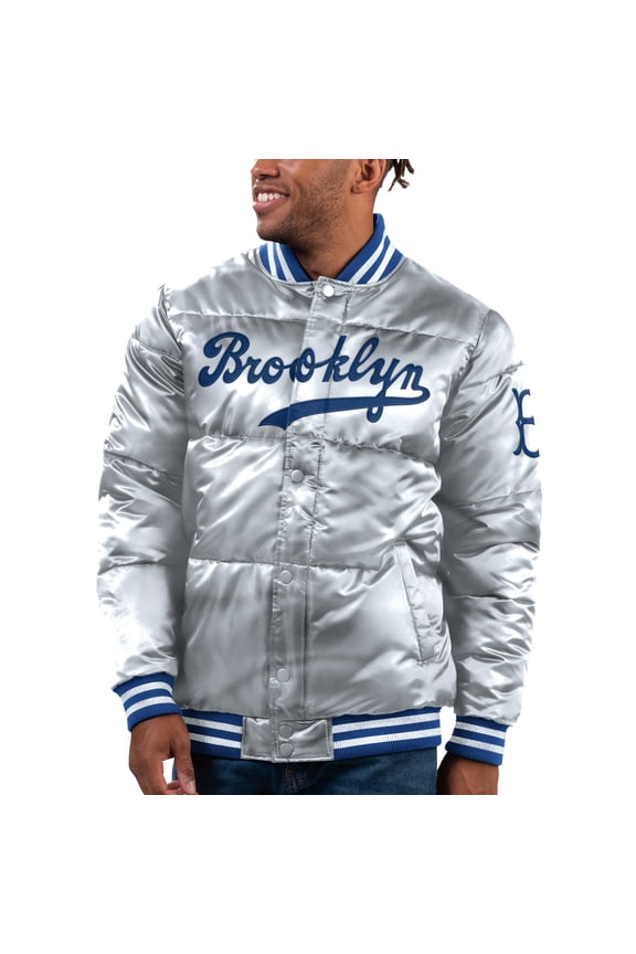 Men's Starter Silver Brooklyn Dodgers Cooperstown Collection Bronx Satin Full-Snap Bomber Jacket