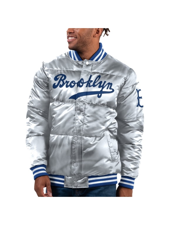 Men's Starter Silver Brooklyn Dodgers Cooperstown Collection Bronx Satin Full-Snap Bomber Jacket
