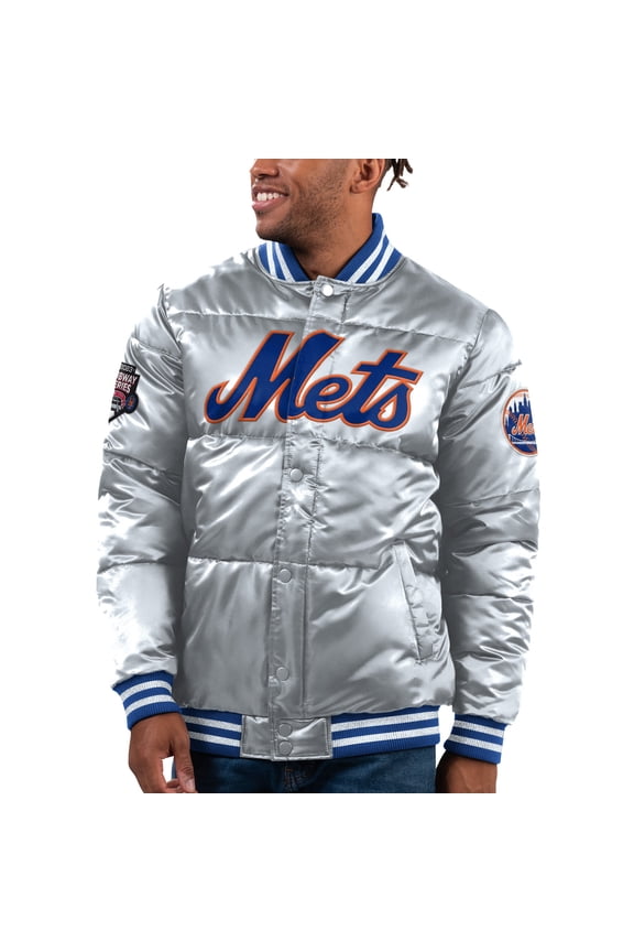 Men's Starter Silver New York Mets Bronx Satin Full-Snap Varsity Bomber Jacket