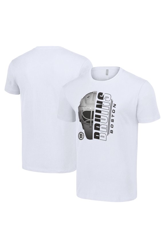 Men's Starter White Boston Bruins Half Helmet Logo T-Shirt