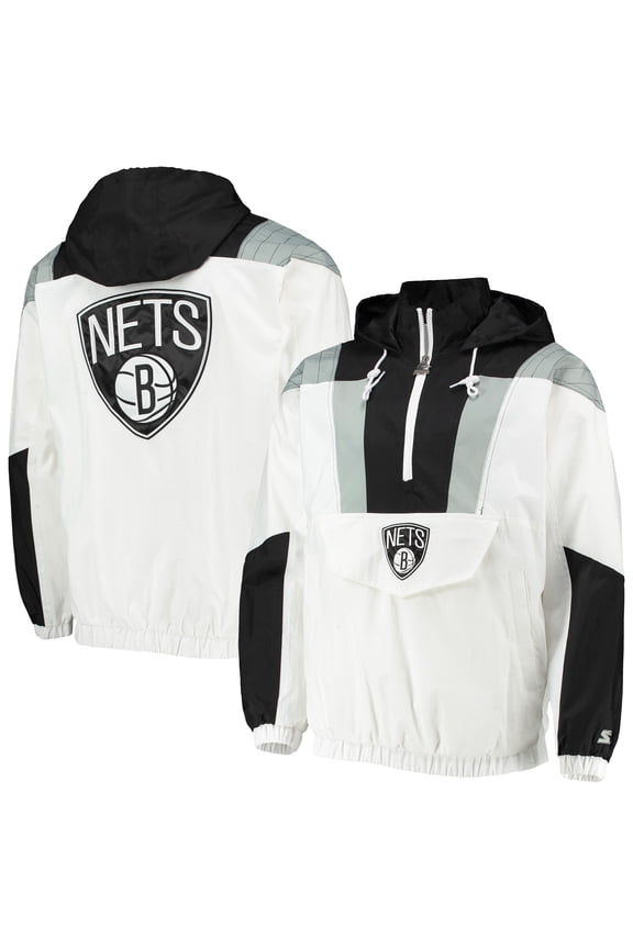 Men's Starter White Brooklyn Nets Striker Crinkle Half-Zip Hoodie Jacket
