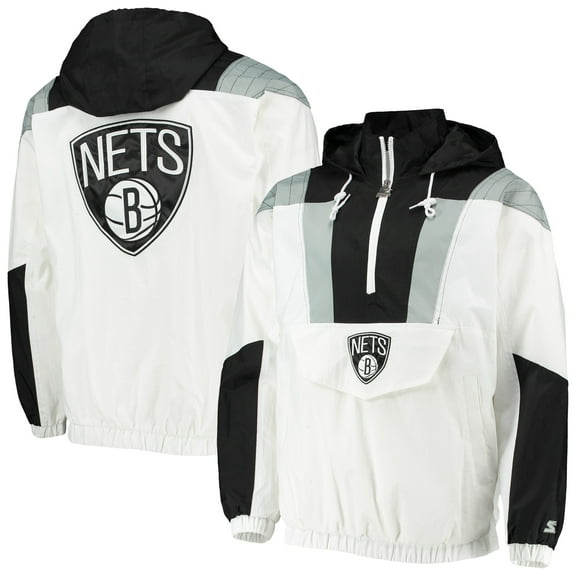 Men's Starter White Brooklyn Nets Striker Crinkle Half-Zip Hoodie Jacket