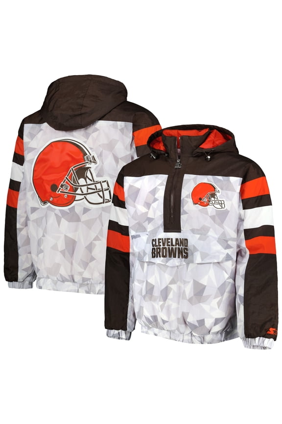 Men's Starter White/Brown Cleveland Browns Thursday Night Gridiron Raglan Half-Zip Hooded Jacket