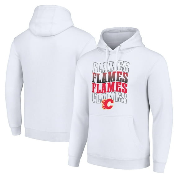Men's Starter White Calgary Flames Four Team Name Logo Fleece Pullover Hoodie