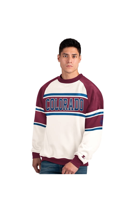 Men's Starter White Colorado Avalanche Defense Fleece Crewneck Sweatshirt