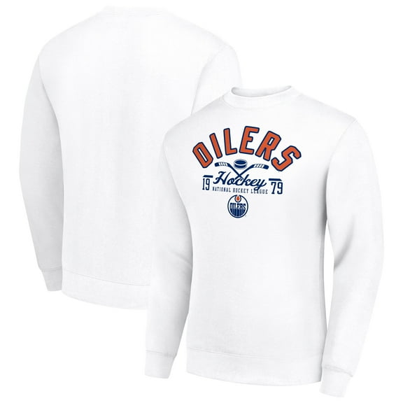Men's Starter White Edmonton Oilers Stick And Puck Logo Fleece Pullover Sweatshirt