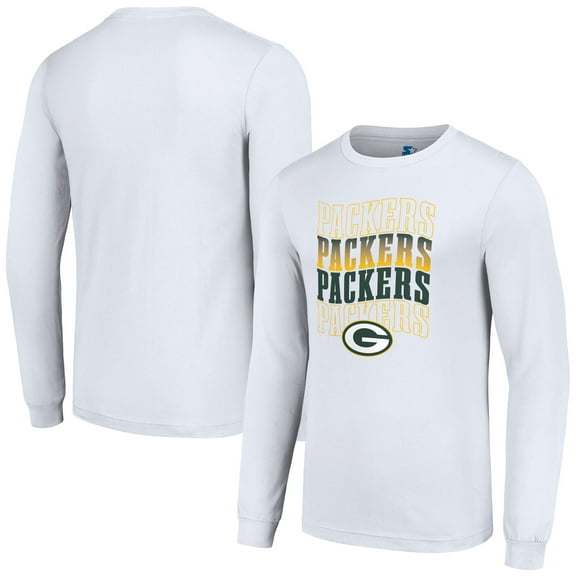 Men's Starter White Green Bay Packers Team Name Graphic Long Sleeve T-Shirt