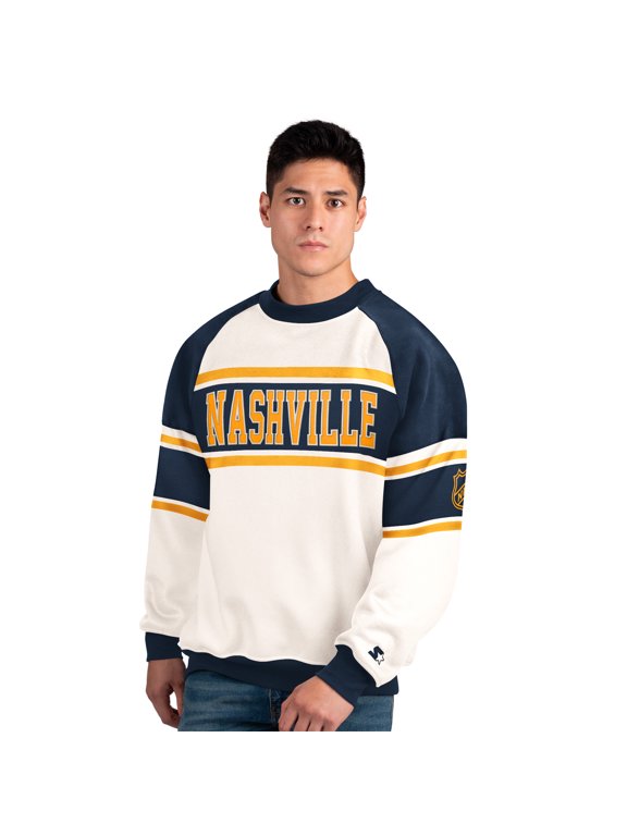 Men's Starter White Nashville Predators Defense Fleece Crewneck Sweatshirt