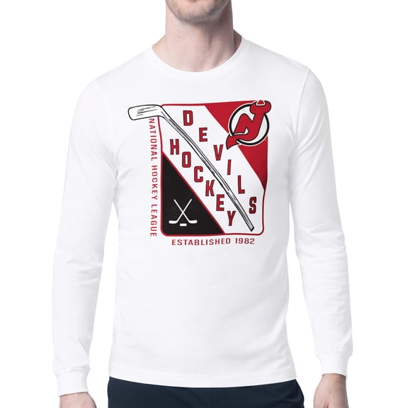 Men's Starter White New Jersey Devils Shield Long Sleeve Graphic T-Shirt