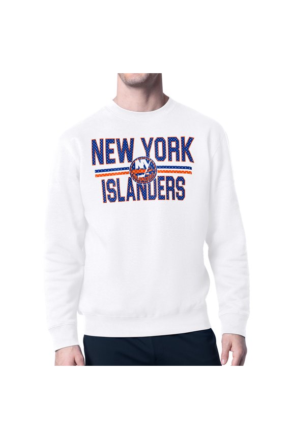 Men's Starter White New York Islanders Mesh Look Team Name Logo Pullover Sweatshirt