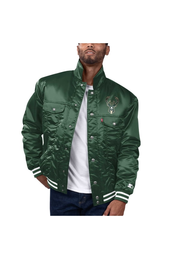 Men's Starter x Levi's Hunter Green Milwaukee Bucks Silver Label Trucker Satin Full-Snap Jacket
