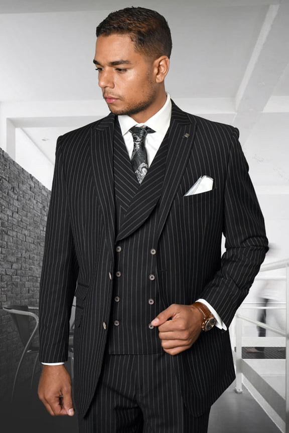 Men's Statement Suits Bold Black Gangster Pinstripe Suit forBlack 56 Regular