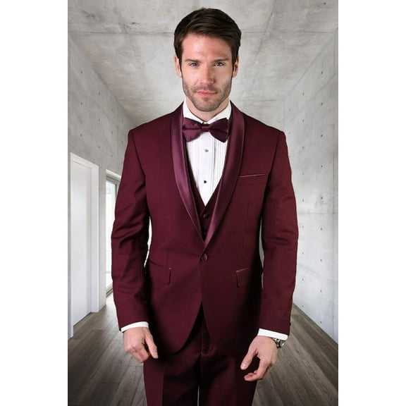 Men's Statement Suits Burgundy Wool Tuxedo 44 Long