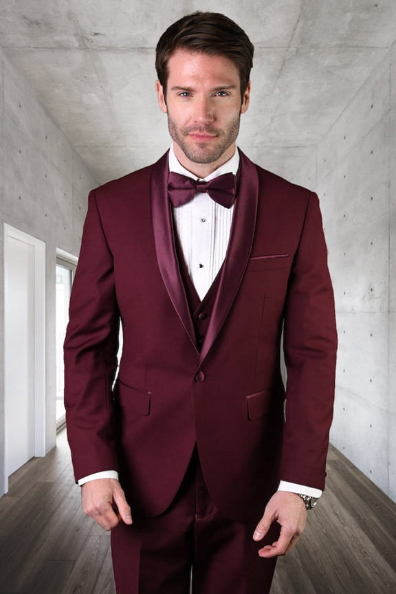 Men's Statement Suits Burgundy Wool Tuxedo 48 Long