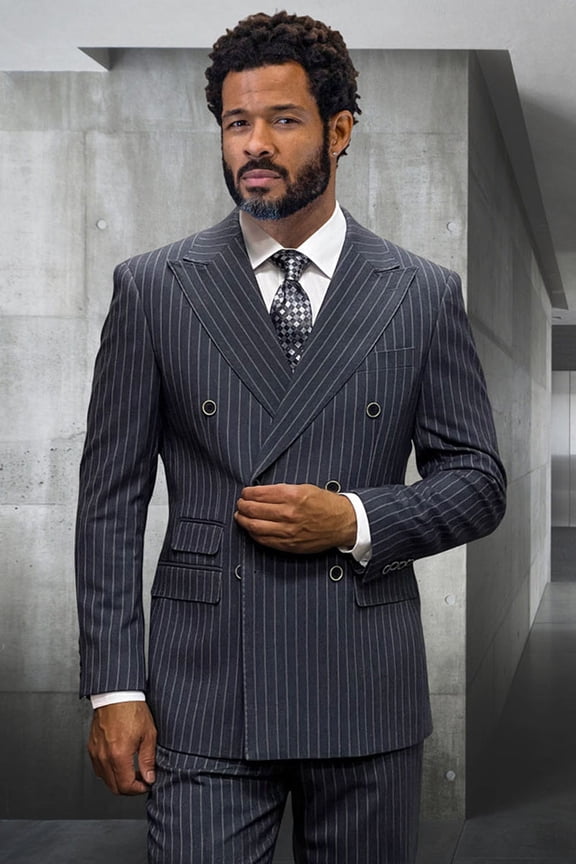 Men's Statement Suits Charcoal Grey Double Breasted Wool Suit 50 Long
