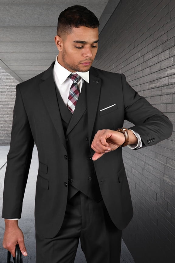 Men's Statement Suits Charcoal Wool Suit with Double-Breasted Vest 54 Long