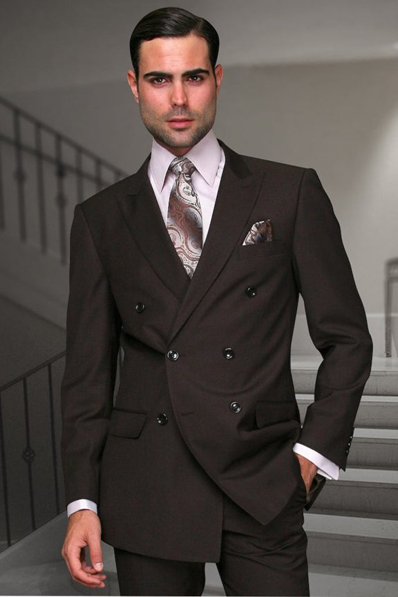 Men's Statement Suits Classic Double Breasted Wool Suit Brown 48 Long