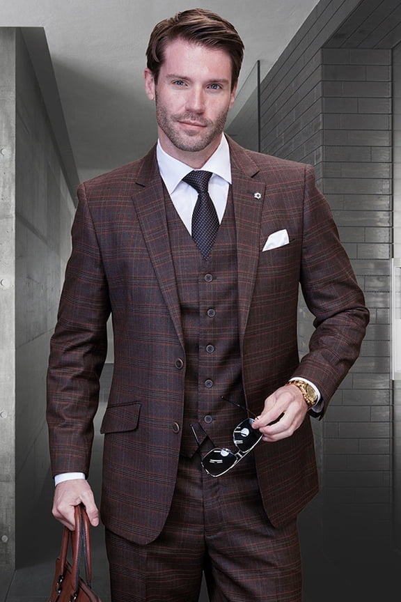 Men's Statement Suits Copper reddish-orange brown Plaid Wool Suit with Vested Detail 50 Regular