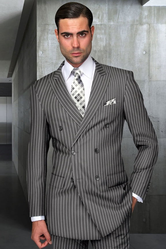 Men's Statement Suits Double Breasted Wool Suit Bold Grey Pinstripe 44 Regular