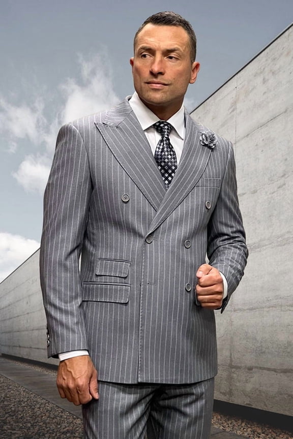 Men's Statement Suits Grey Double Breasted Wool Suit 52 Long