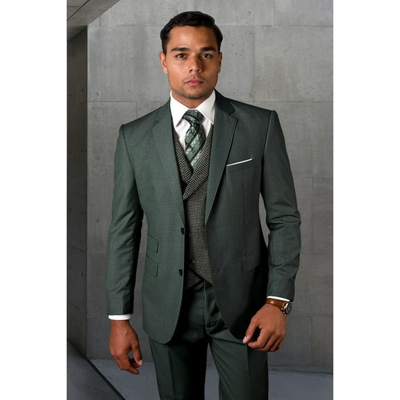 Men's Statement Suits Hunter Green Wool Suit with Double Breasted Vest from 48 Long