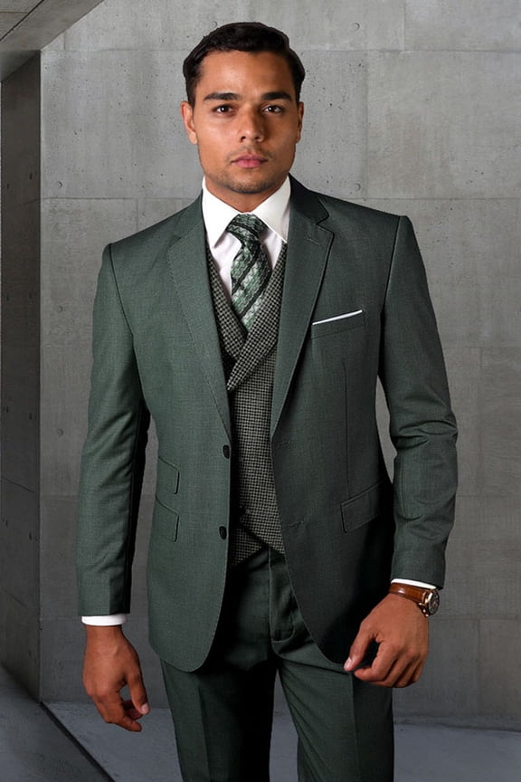 Men's Statement Suits Hunter Green Wool Suit with Double Breasted Vest from 56 Long