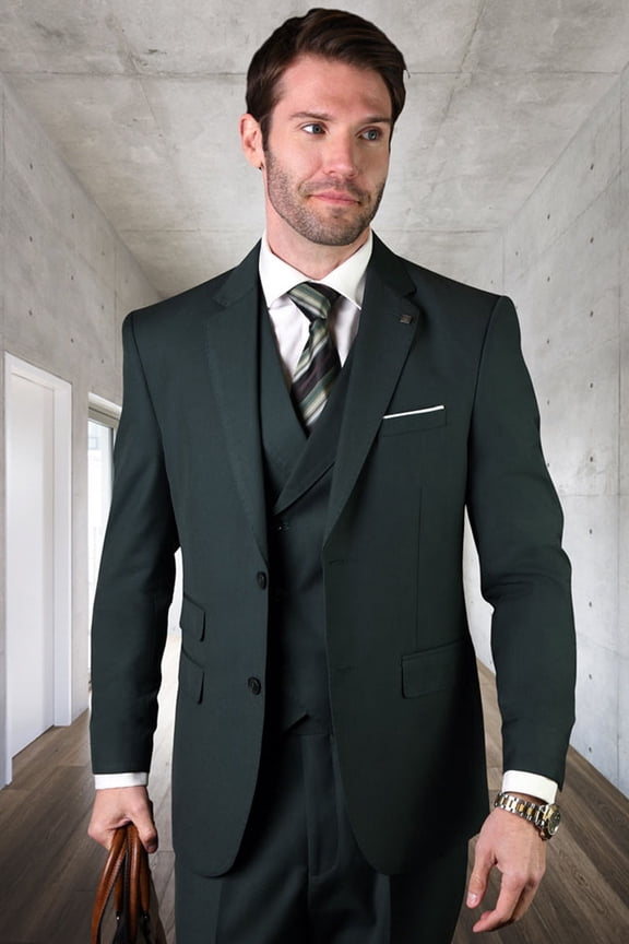 Men's Statement Suits Hunter Green Wool Suit with Pleated Pants & Double Breasted Vest 52 Long