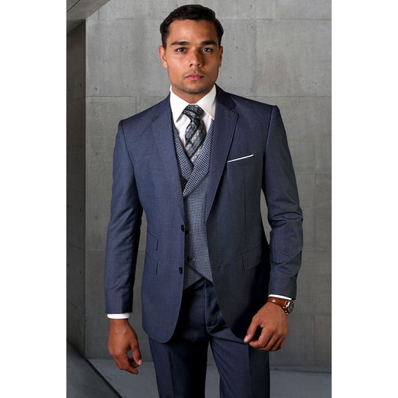 Men's Statement Suits Indigo Blue Wool Suit with Micro Plaid Vest 46 Long