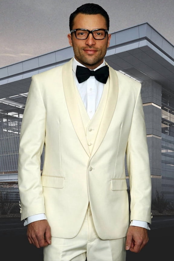 Men's Statement Suits Ivory Wool Shawl Lapel Tuxedo 44 Long